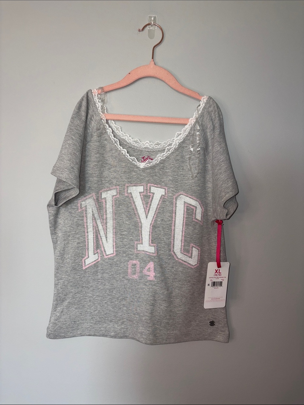 Justice Gray Tee with Pink Lettering and Hot Pink Tag Ribbon